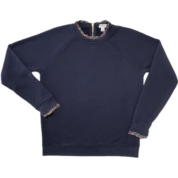 J. Crew Woven Ruffleneck Pullover Sweatshirt Floral Trim Gold Zip Navy Small - Picture 17 of 17